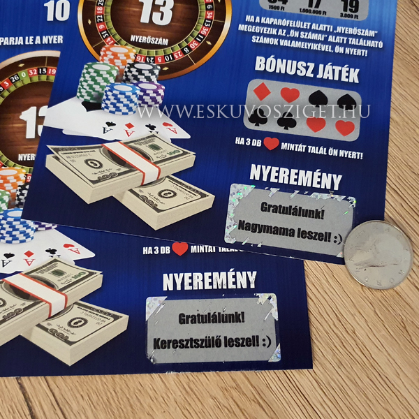 Egyedi kaparós sorsjegy férfi és női tanú és koszorúslány felkérő, örömapa és örömanya személyre szabott ajándék meghívó felkérő esküvőre poker és casino
