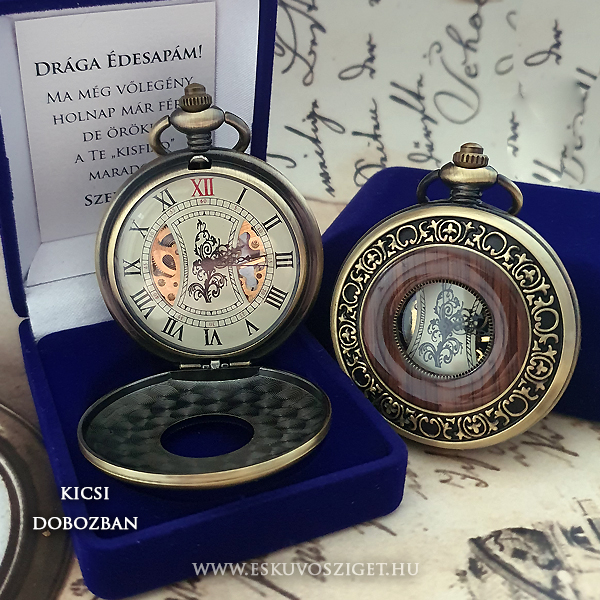 Örömapa nagyszülőköszöntő és férfi tanúfelkérő meghívó egyedi különleges ajándék esküvőre | limited edition fa betetes zsebora, mechanikus zsebóra, elem nélküli zsebóra, felhúzhatós zsebóra