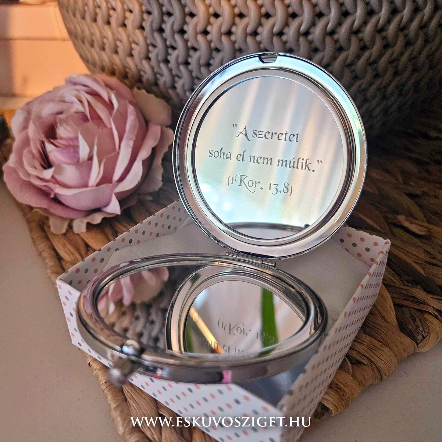 Gravírozható belsejű egyedi zsebtükör egyedi gravírozható zsebtükör, örömanya ajándék, gravírozott tükör, sminktükör, biblia idézet, biblia ige, vallásos ajandek